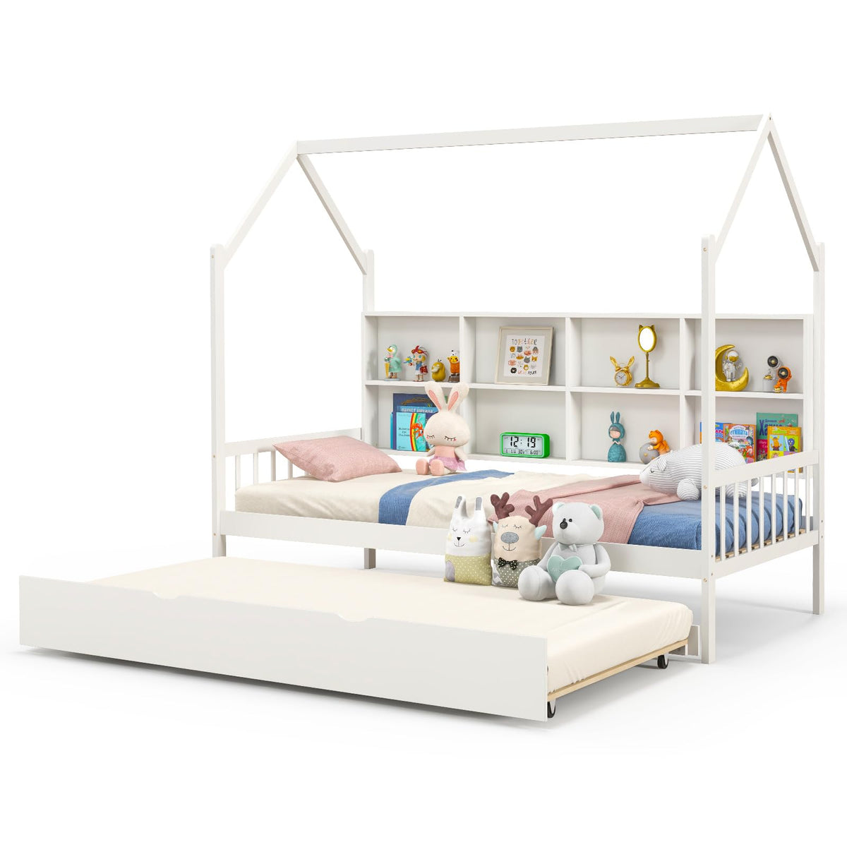 Giantex Twin House Bed With Trundle, Solid Wood Bed Frame With Roof & 8 Cube Bookcase, Wooden Slatted Support Bed Frame For Girls, Boys, No Box Spring Needed, White
