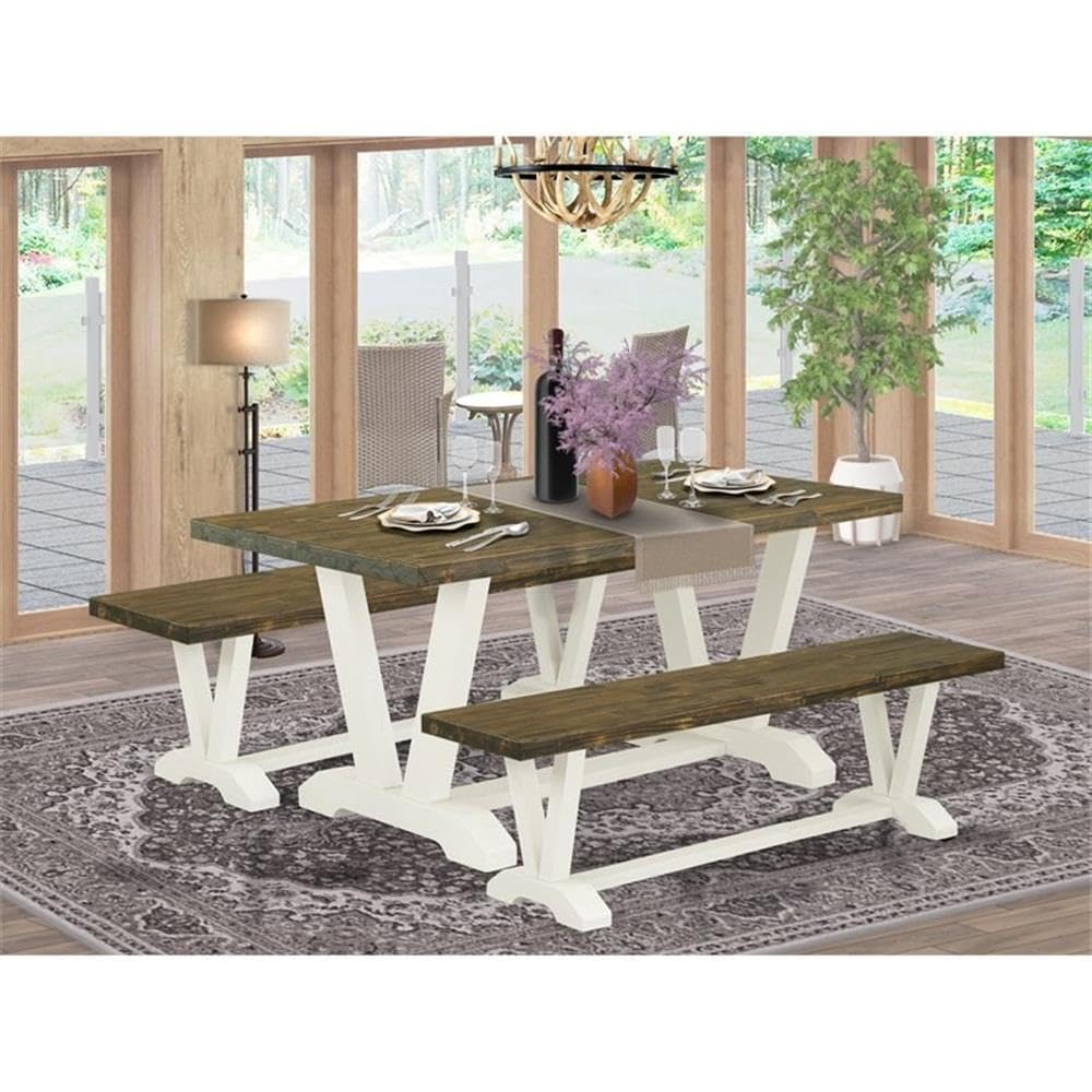 East West Furniture V2-076 3 Piece Dining Set Contains a Rectangle Dining Room Table with V-Legs and 2 Kitchen Bench, 36x60 Inch, Multi-Color