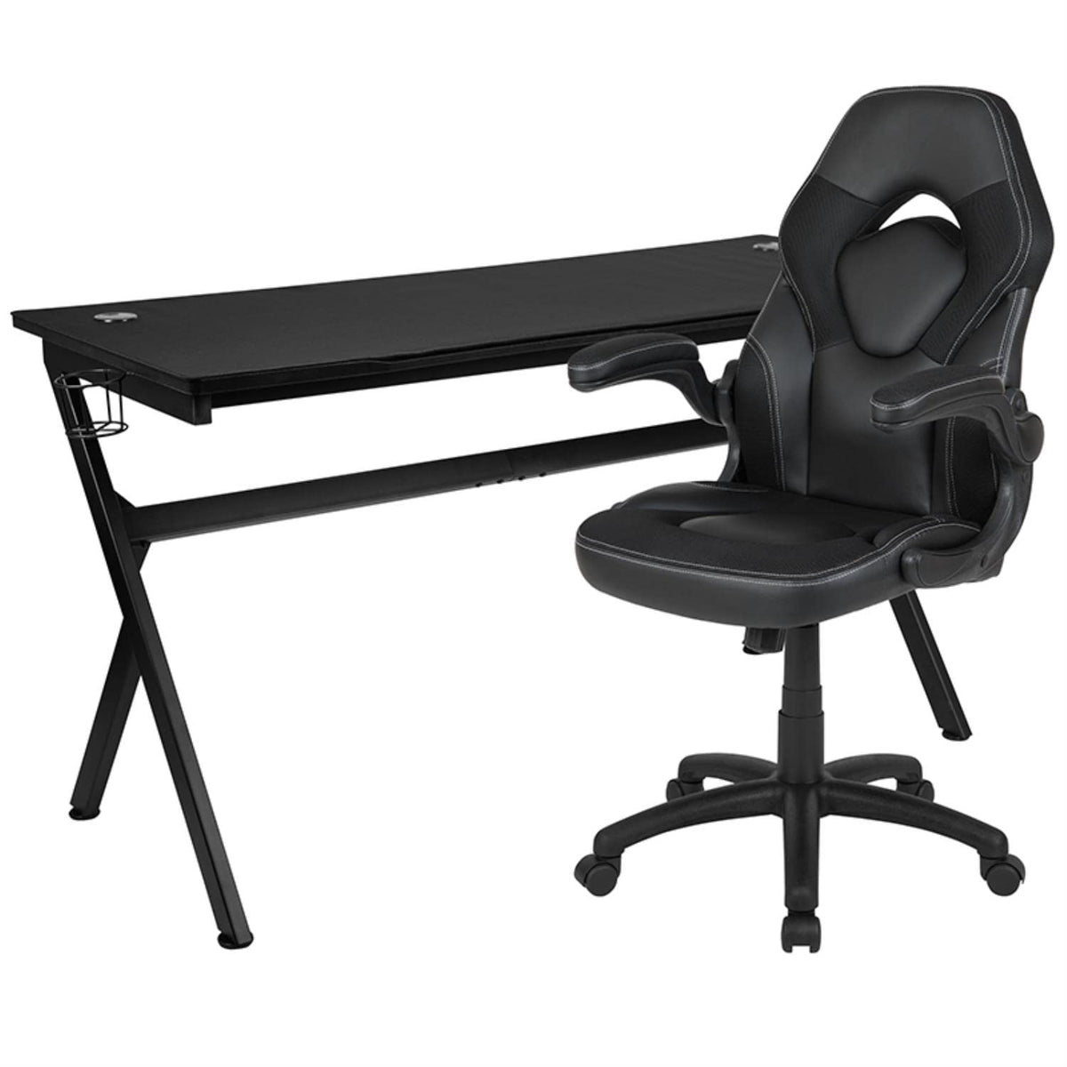 Flash Furniture Gaming Desk and Black Racing Chair Set/Cup Holder/Headphone Hook/Removable Mouse Pad Top - 2 Wire Management Holes