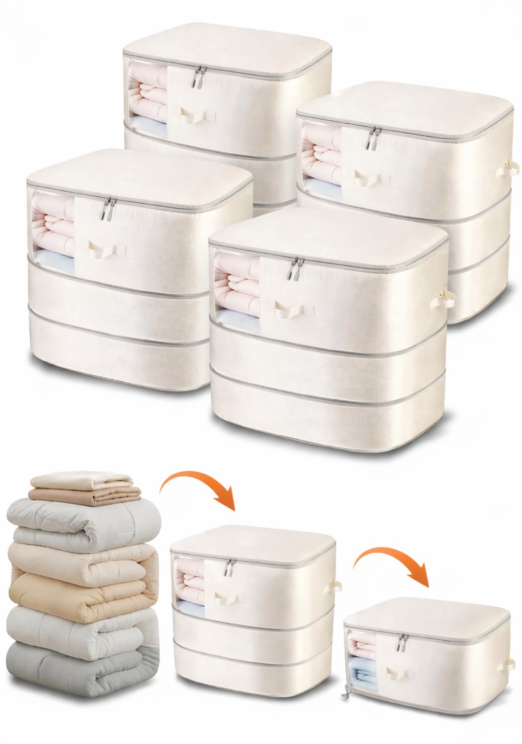 Comforter Storage Bag  3Layer 4Pack Self Compression Organizer, Closet Organizers and Storage, Under Bed Space Saver, Blanket