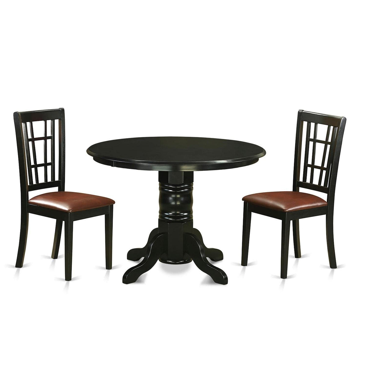 East West Furniture SHNI3-BLK-LC 3 Piece Kitchen Set for Small Spaces Contains a Round Table with Pedestal and 2 Faux Leather Dining Room Chairs, 42x42 Inch