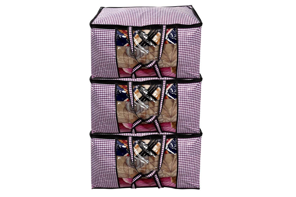 Stylista Blanket Storage Bags Large Size Set Of 3 Pin Check Pattern Voilet