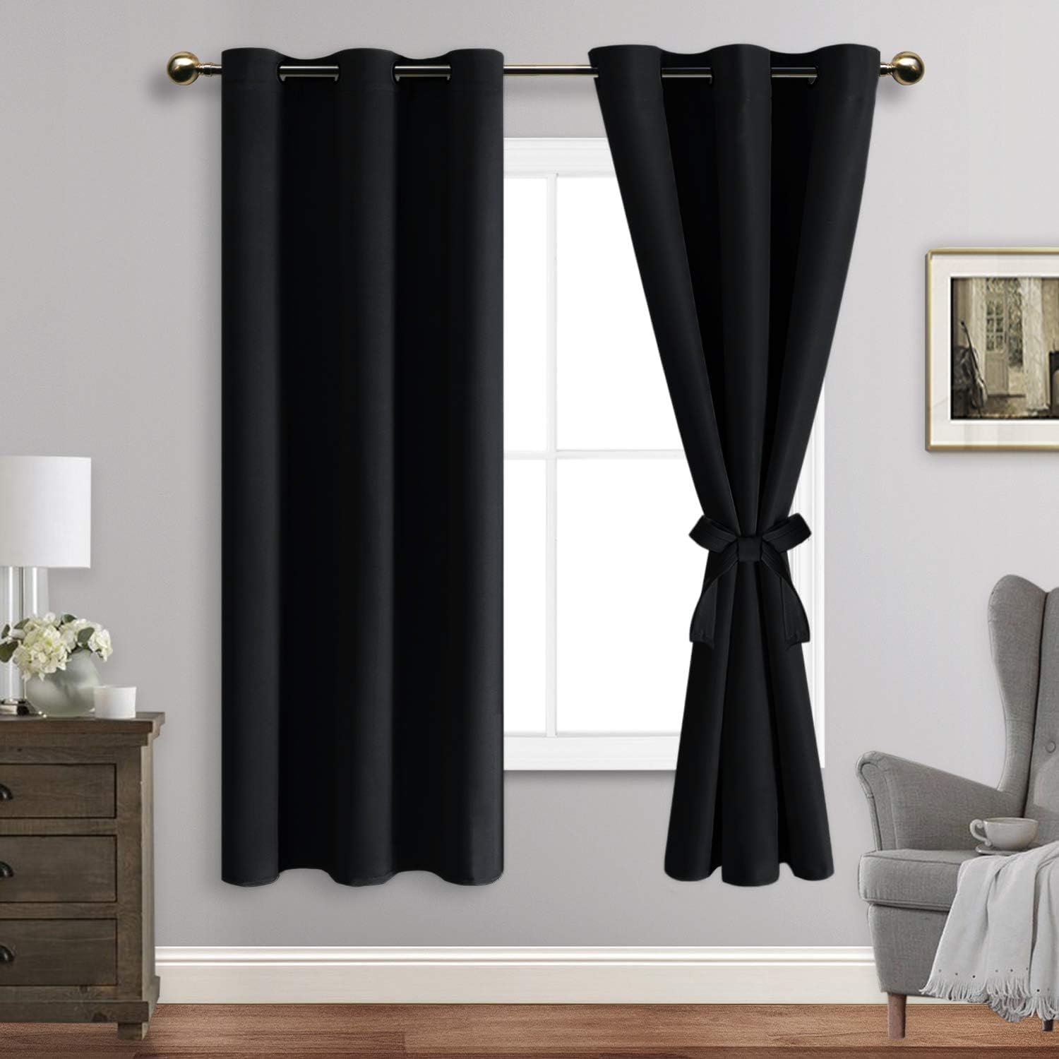 Jiuzhen Black Blackout Curtains For Bedroom - Light Blocking And Noise Reducing Grommet Curtains For Living Room Darkening Curtains, Set Of 2 Window Curtain Panels, 38 X 72 Inch Length