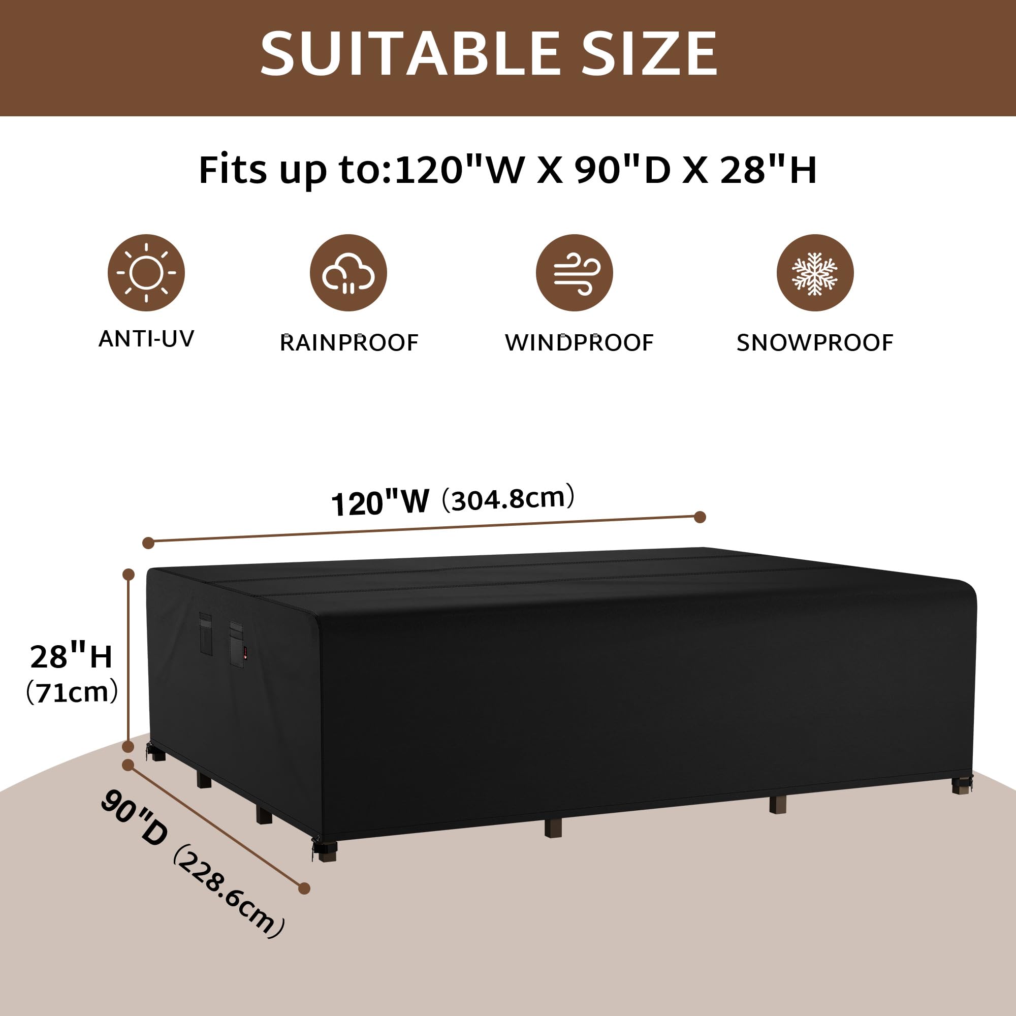 iBirdie Outdoor Furniture Cover, Waterproof 600D, 120"x90", Black, Heavy Duty for Dining Table and Chairs