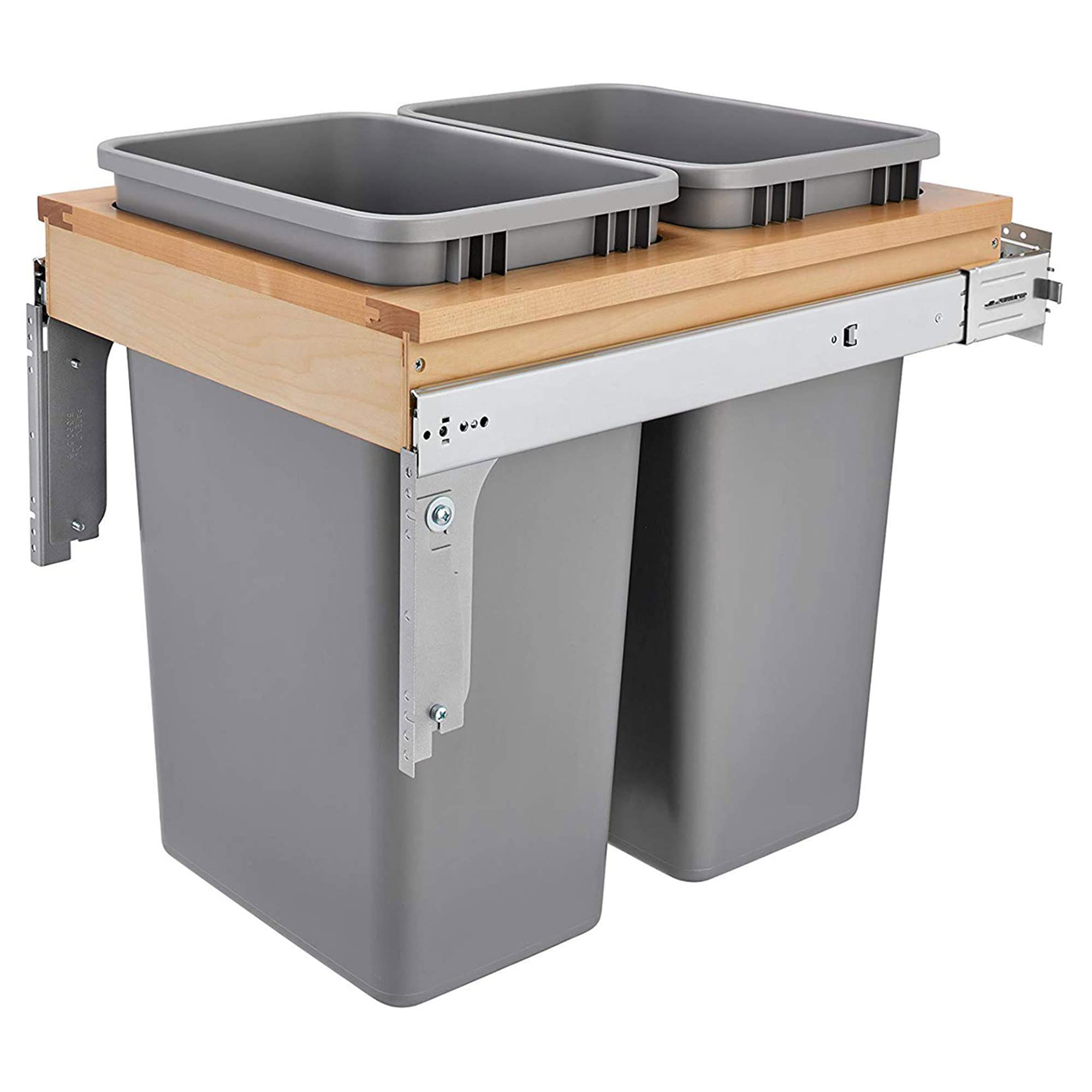 Rev-A-Shelf Double Pullout Under Cabinet Trash Can with Soft-Close, 50 Quart Garbage Bin for 18 x 1.5 Face Frame, Silver, 4WCTM-