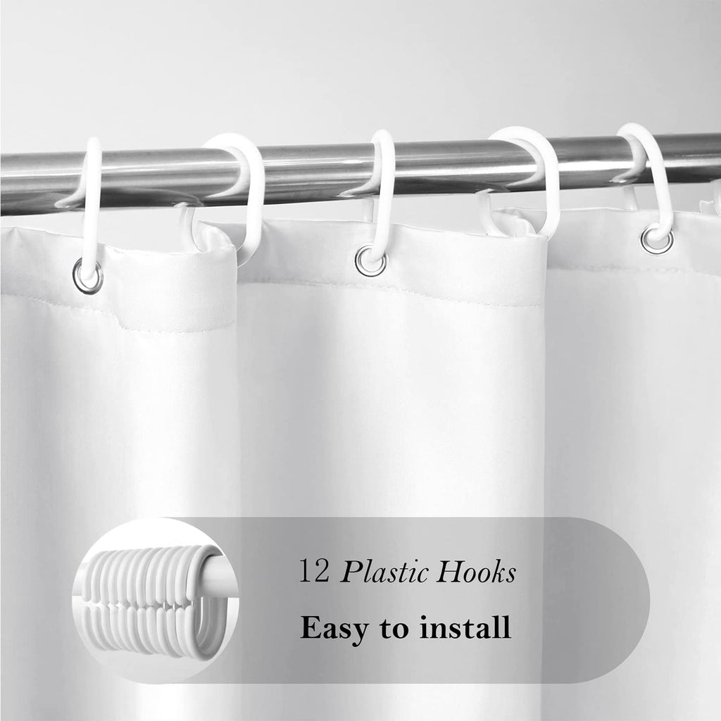Aoohome Fabric 96 Inch Extra Long Shower Curtain Liner, Durable Bathroom Curtain For Hotel With Hooks, Waterproof, Solid White,