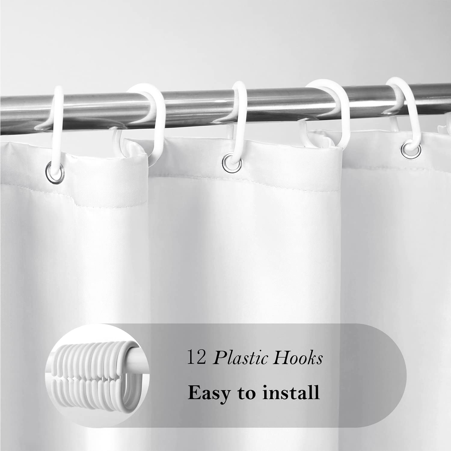 Aoohome Fabric 96 Inch Extra Long Shower Curtain Liner, Durable Bathroom Curtain For Hotel With Hooks, Waterproof, Solid White,