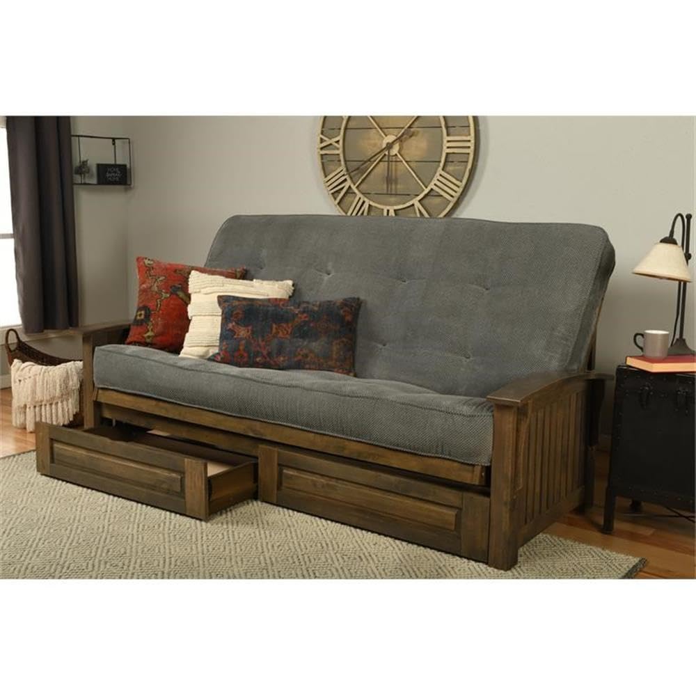 Kodiak Furniture Washington Queen Size Futon Frame with Storage Drawers - Wood Futon Frame with Mattress Included in Thunder Gray Color