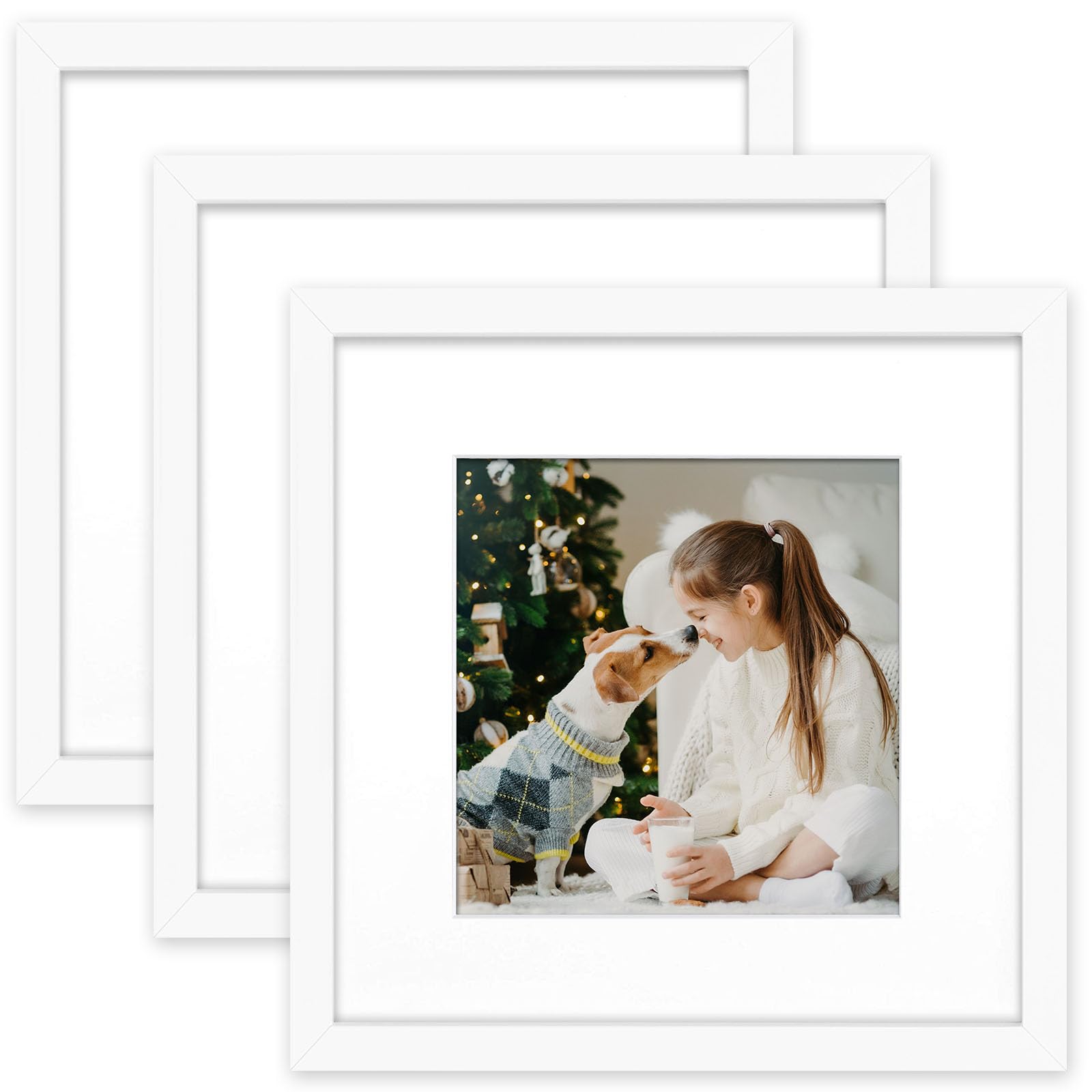 Golden State Art, 12x12 Solid Wood Frames with Tempered Glass, Display 12x12 or 8x8-inch Pictures, White, 3 Pack, Wall Display