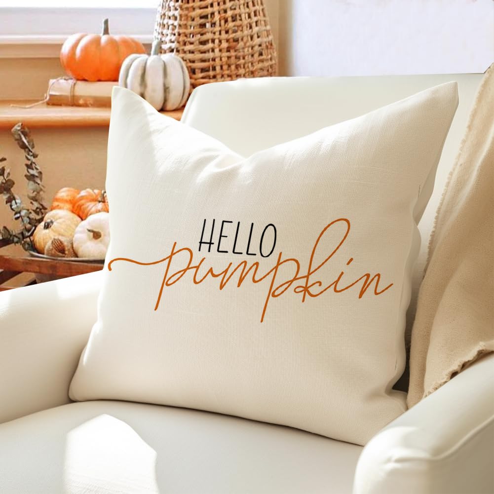 Rabusofa Fall Pillow Covers 18X18 White Hello Pumpkin Autum Pillows Decorative Throw Pillows,Outdoor Thanksgiving Cushion Cover