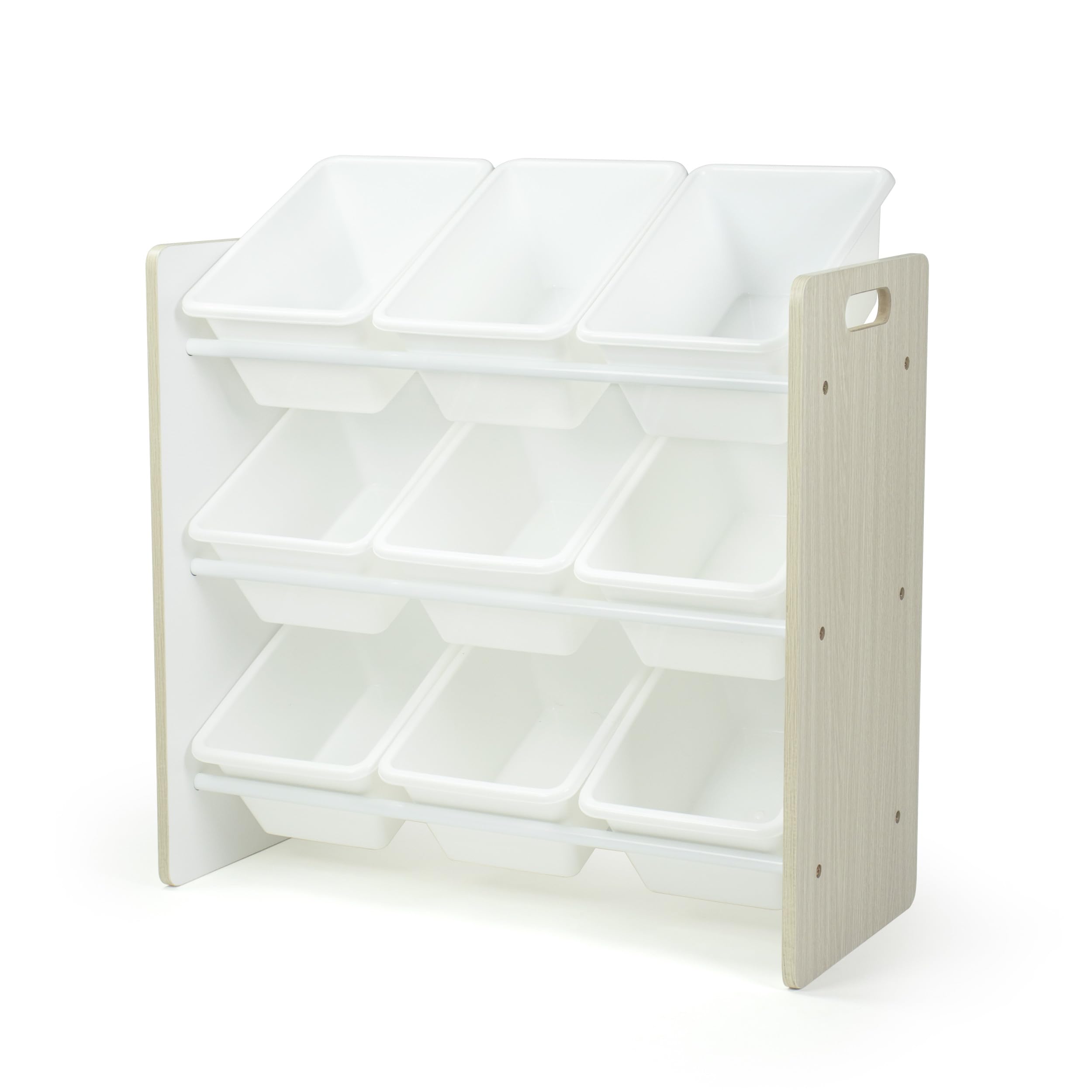 Humble Crew 9-Bin Toy Organizer - Hampton Sandwashed with White Plastic Bins, 3-Tier Storage Solution for Kids Playrooms and Nu