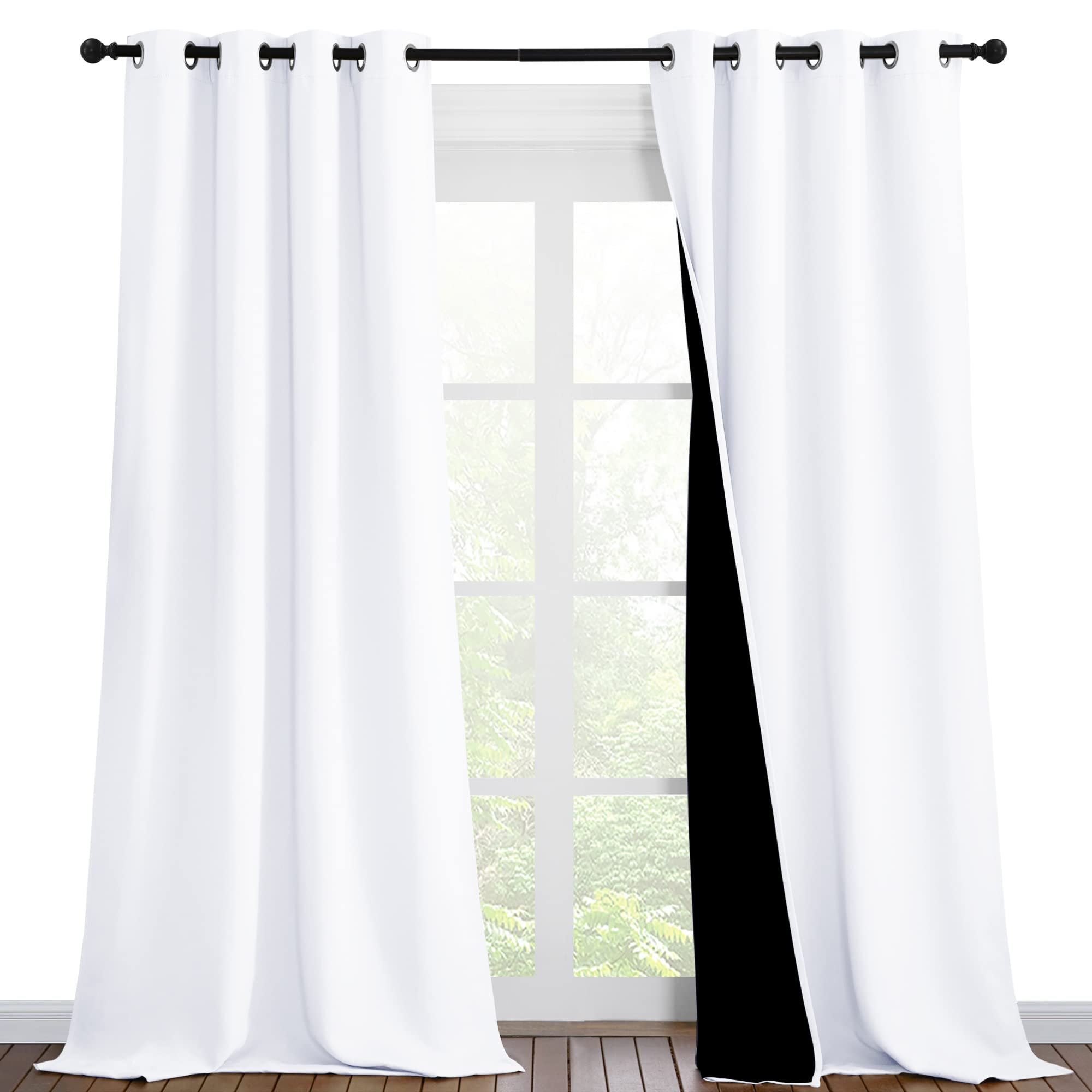 Nicetown White Blackout Curtains 90 Inches Long, Full Light Blocking Drapes With Black Liner For Nursery, Thermal Insulated Drap