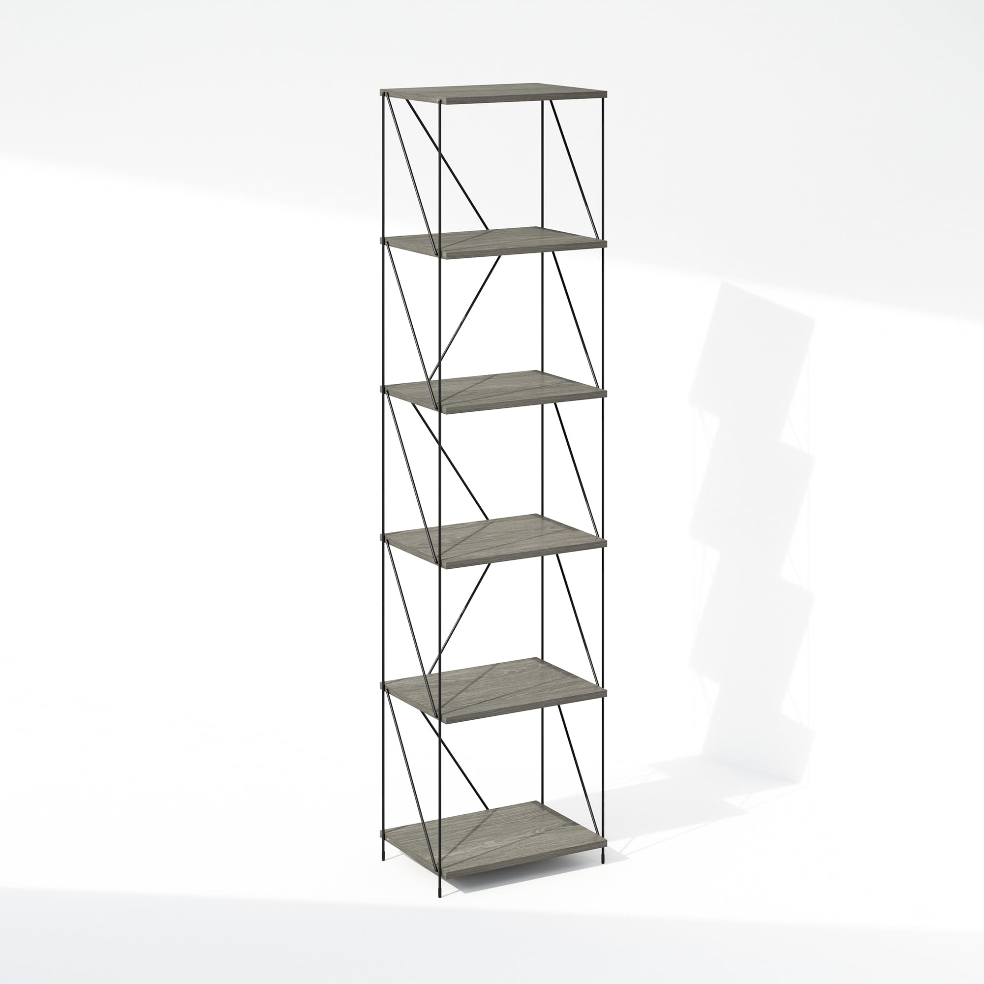 Furinno Wire 6-Tier Industrial Style Metal Frame Bookcase, Display Shelf, 16 Wide, Finn Oak