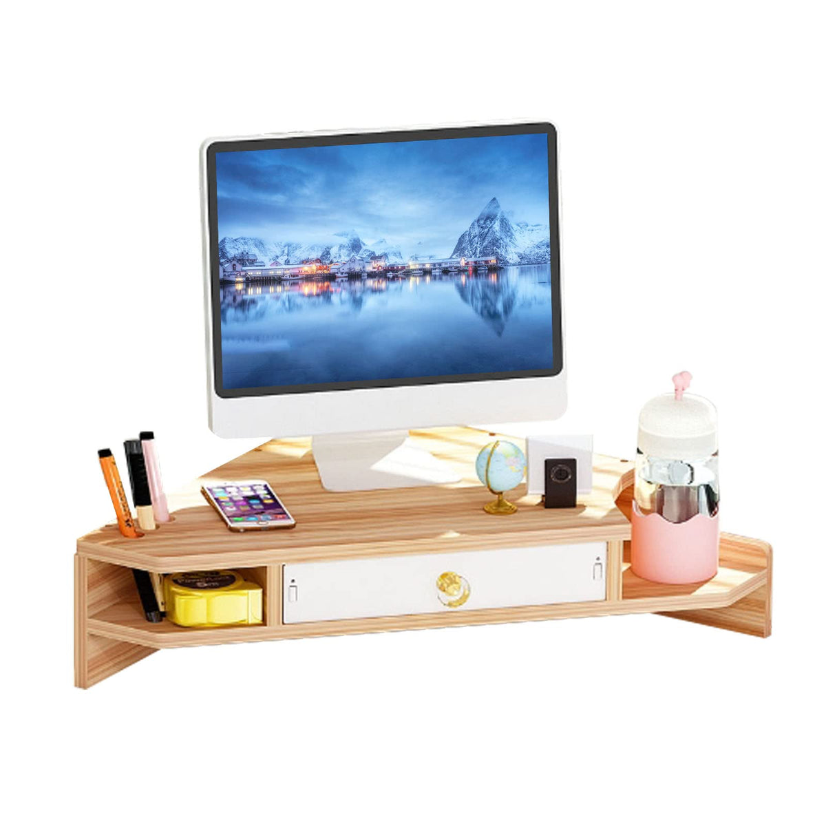 Kuaiyu Triangle Monitor Stand Riser,Cut Triangle Save Space Desktop Corner,Desktop Corner Shelf With Drawers Wooden Computer Sta