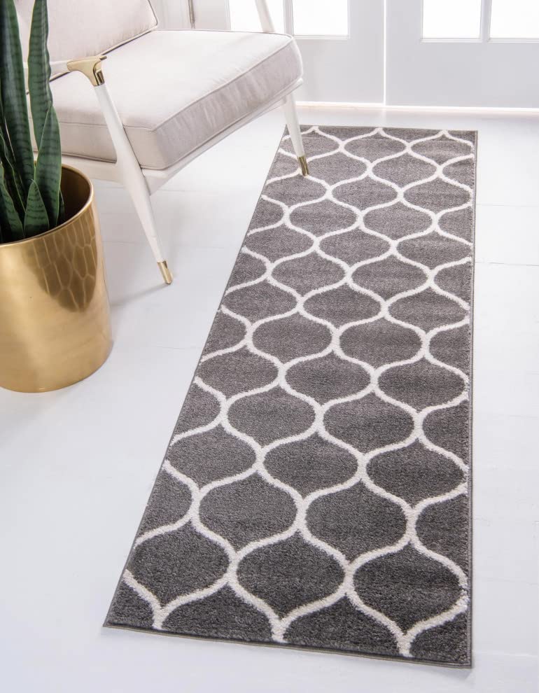 Unique Loom Trellis Frieze Collection Area Rug - Rounded (2' X 10' Runner, Dark Gray/ Ivory)