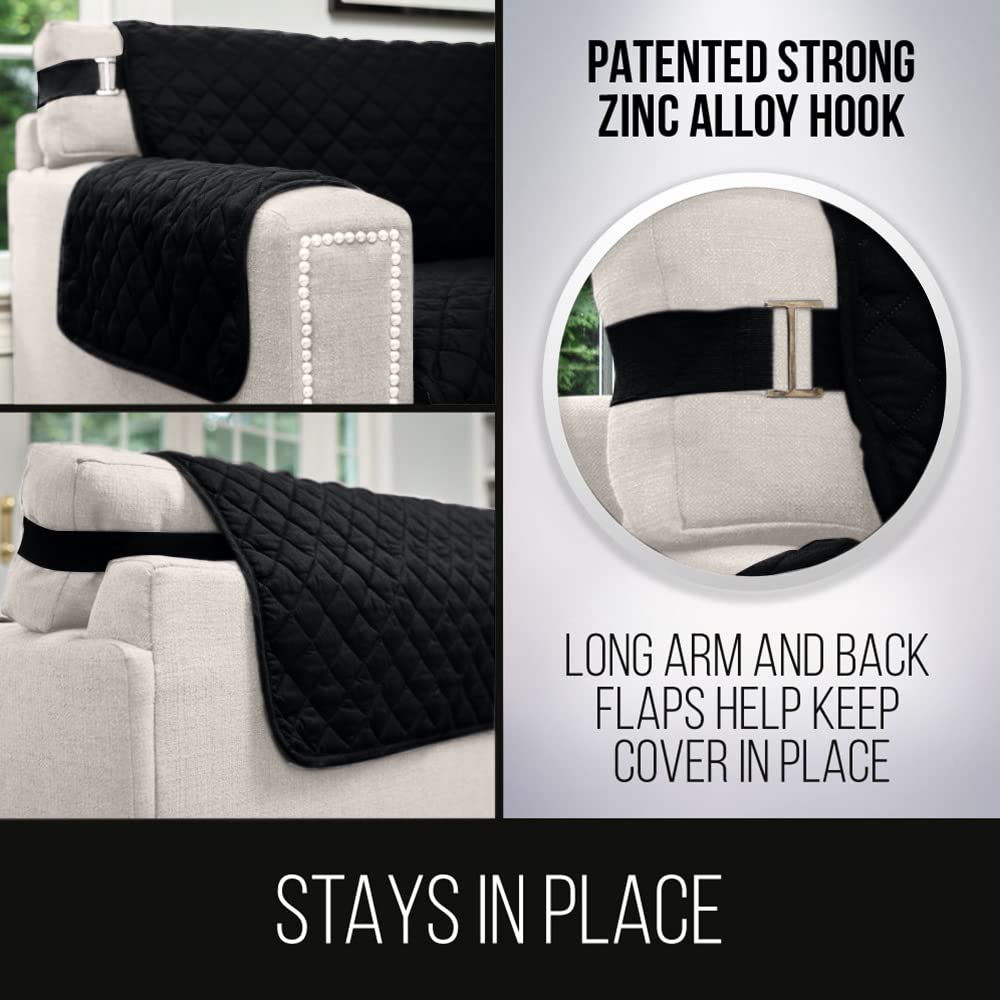Sofa Shield Patented Couch Slip Cover, Large Cushion Protector, Reversible Stain And Dog Tear Resistant Slipcover, Quilted Microfiber 62” Seat, Washable Covers For Dogs Pets Kids, Black Gray