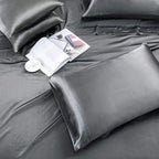 Treely 6 Piece Satin Sheets Queen Size Silky Smooth Grey Satin Sheet Set With Deep Pocket, Satin Fitted Sheet, Flat Sheet, 4 Sat