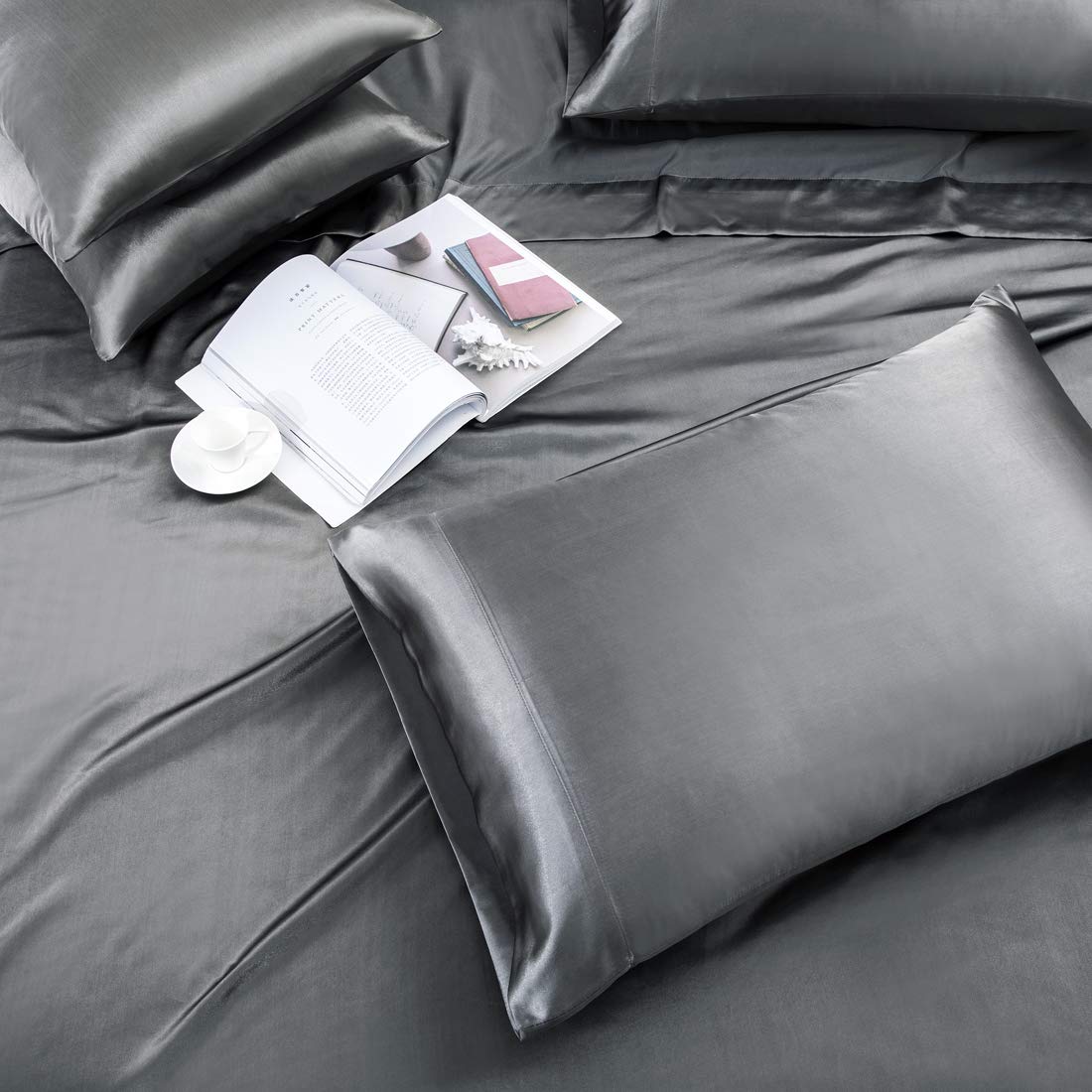Treely 6 Piece Satin Sheets Queen Size Silky Smooth Grey Satin Sheet Set With Deep Pocket, Satin Fitted Sheet, Flat Sheet, 4 Sat