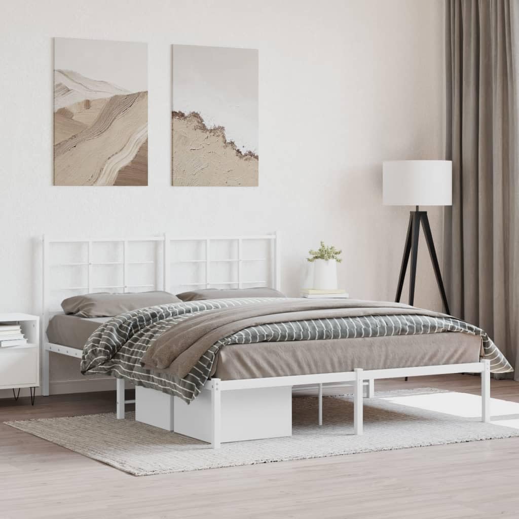 vidaXL White Metal Bed Frame-Double with Headboard, Steel Construction, 59.1"x78.7" Mattress Compatible, Under-Bed Storage, Modern Bedroom Furniture