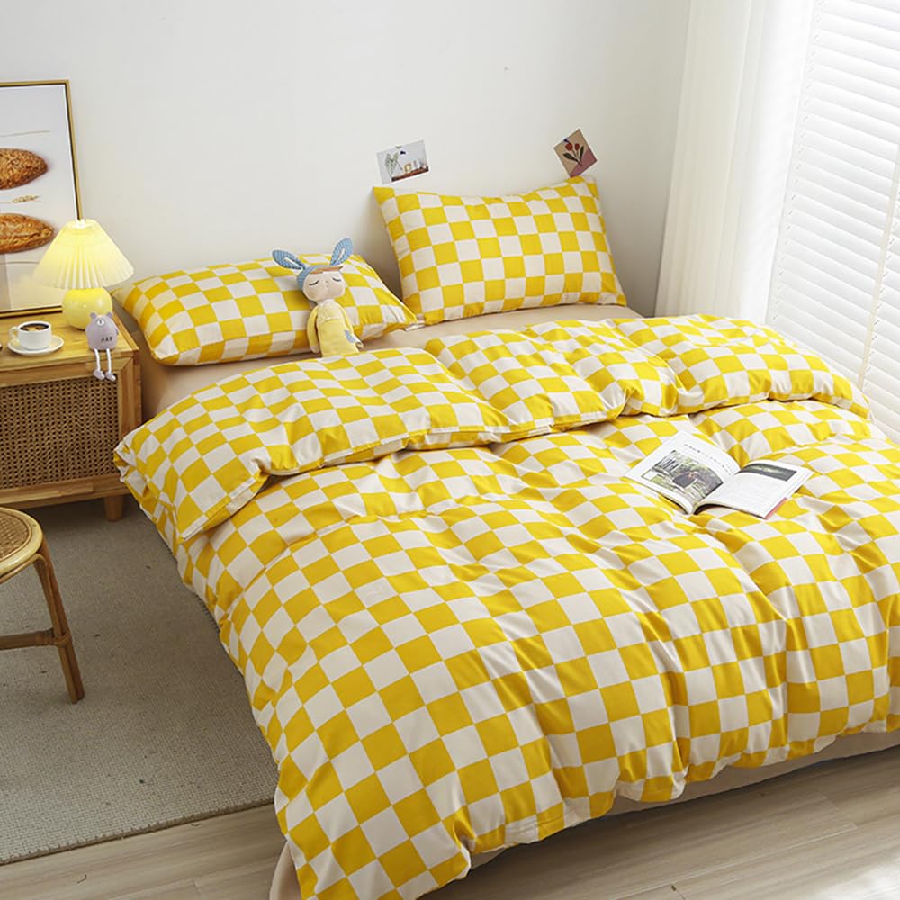Clothknow Plaid Comforter Set Queen 3Pcs Yellow White Grid Bedding Comforter Sets Yellow White Queen Comforter Light Yellow Quee