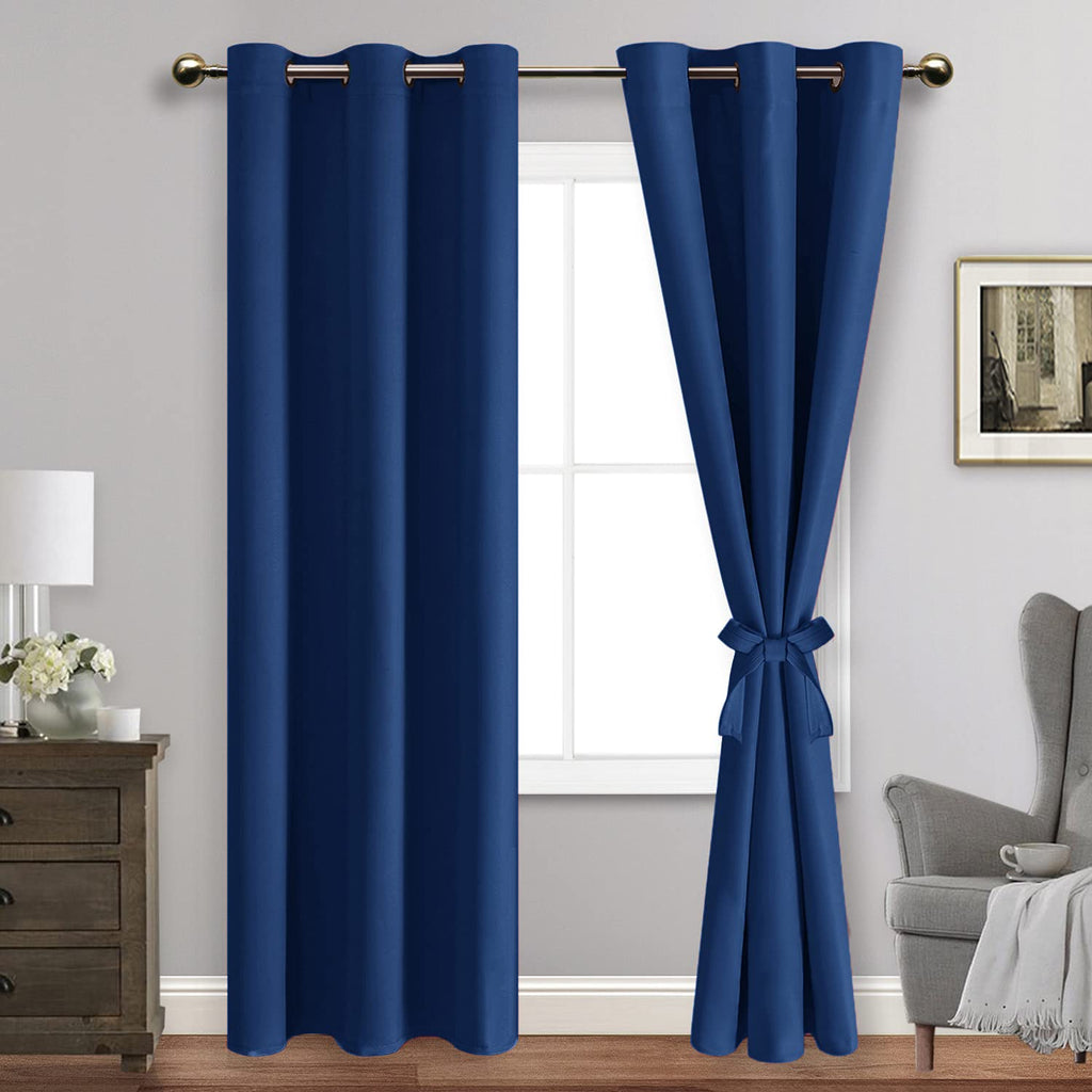 Jiuzhen Blackout Curtains With Tiebacks-Thermal Insulated, Light Blocking And Noise Reducing Grommet Curtain Drapes For Bedroom/Living Room, Set Of 2 Curtain Panels, 42X84 Inch Length, Classic Blue