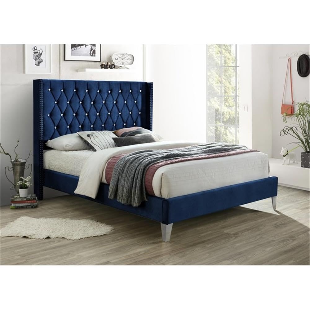 Better Home Products Alexa Velvet Upholstered Full Platform Bed in Blue