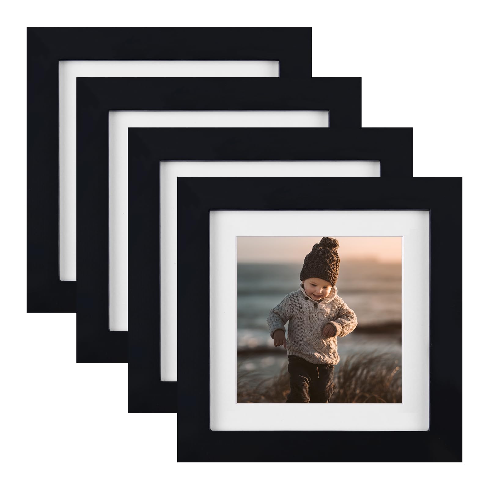 KINLINK 5x5 Square Picture Frames Black, Solid Wood Frames with Acrylic Plexiglass for Pictures 4x4 With Mat Tabletop and Wall M