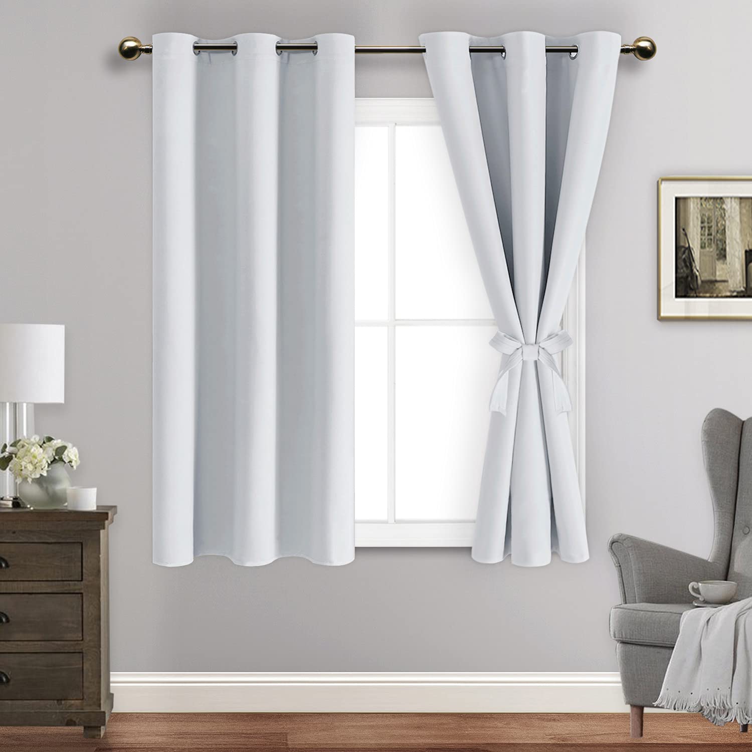 Jiuzhen Blackout Curtains With Tiebacks - Thermal Insulated, Light Blocking And Noise Reducing Grommet Curtain Drapes For Bedroom And Living Room, Set Of 2 Panels, Greyish White, 42 X 45 Inch Length