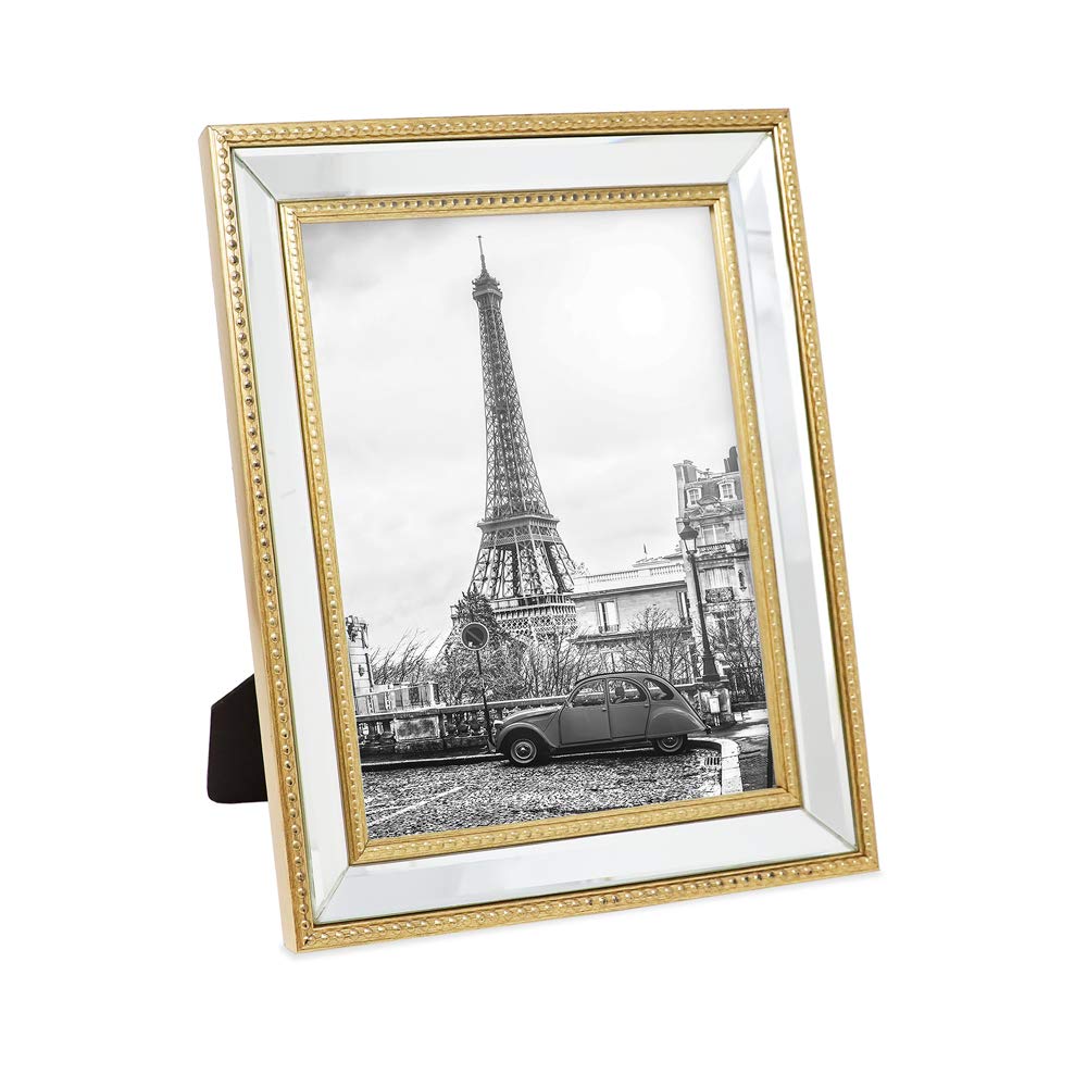 Isaac Jacobs 8x10 Gold Mirror Bead Picture Frame - Classic Mirrored Frame with Dotted Border Made for Wall Display, Tabletop, Ph