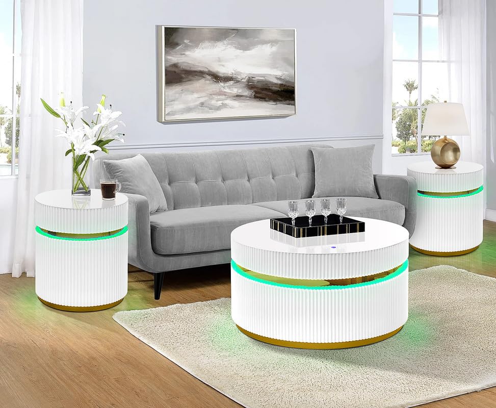 LILOLA LIVING Tavita 3-Piece Round Coffee Table Set with Glass Top and LED Lights