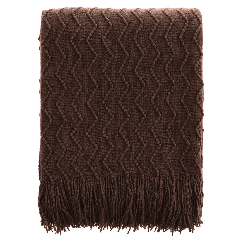 Battilo Home Dark Brown Throw Blanket For Couch, Boho Throw Blanket For Home Decor, Decorative Chocolate Knit Throw Blanket For