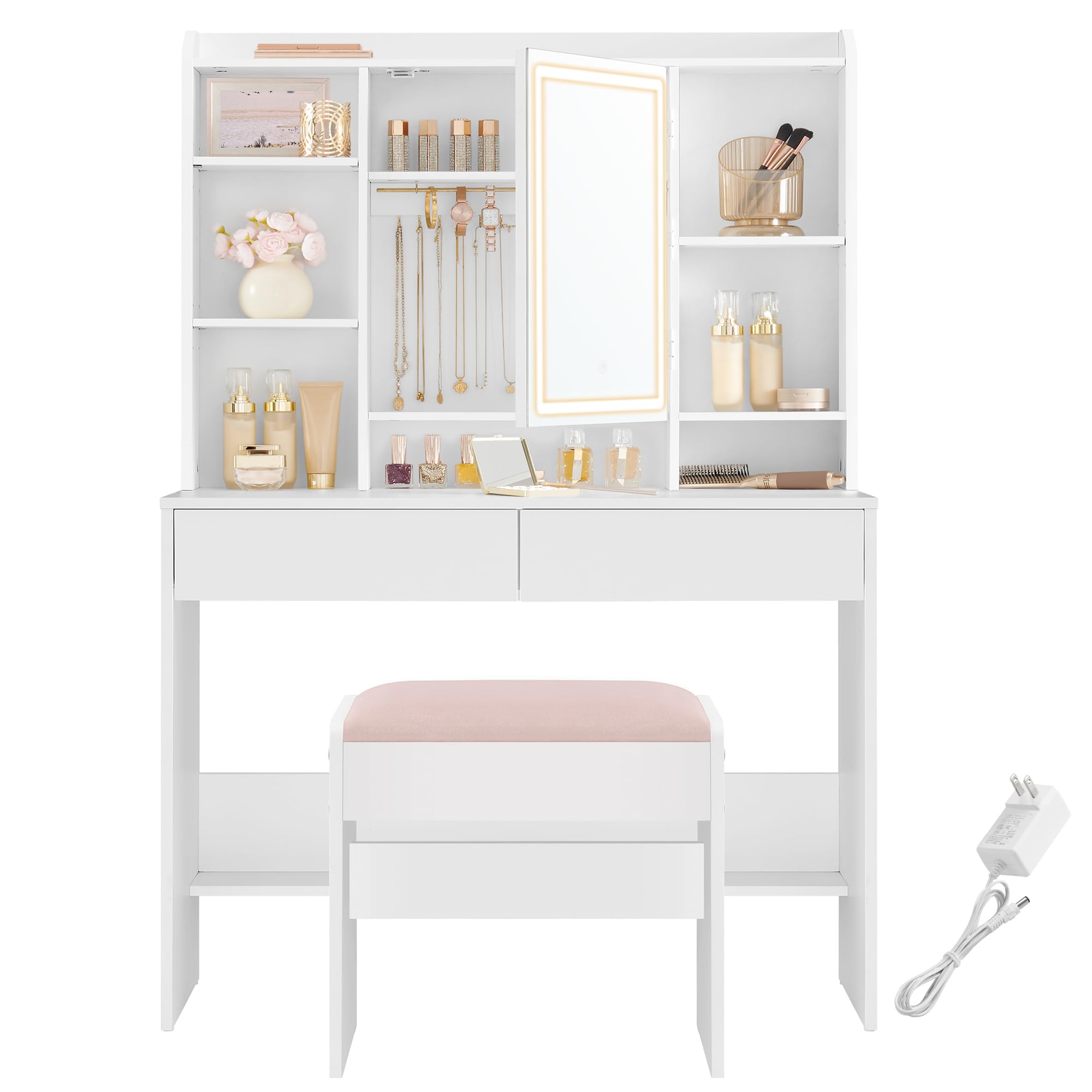 VASAGLE Vanity Desk with Mirror and Lights, Makeup Vanity with Upholstered Vanity Stool, Dimmable LED Lights, Adjustable Shelves