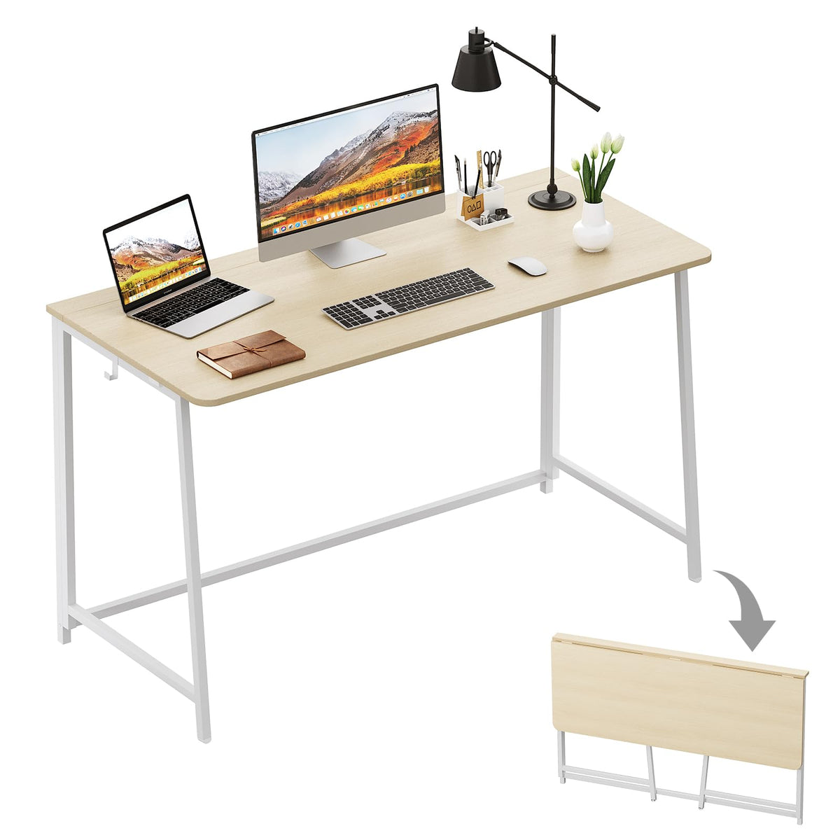 Wohomo Folding Desk, Small Foldable Desk 47.2' For Small Spaces, Space Saving Computer Table Writing Workstation For Home Office, Easy Assembly, Oak