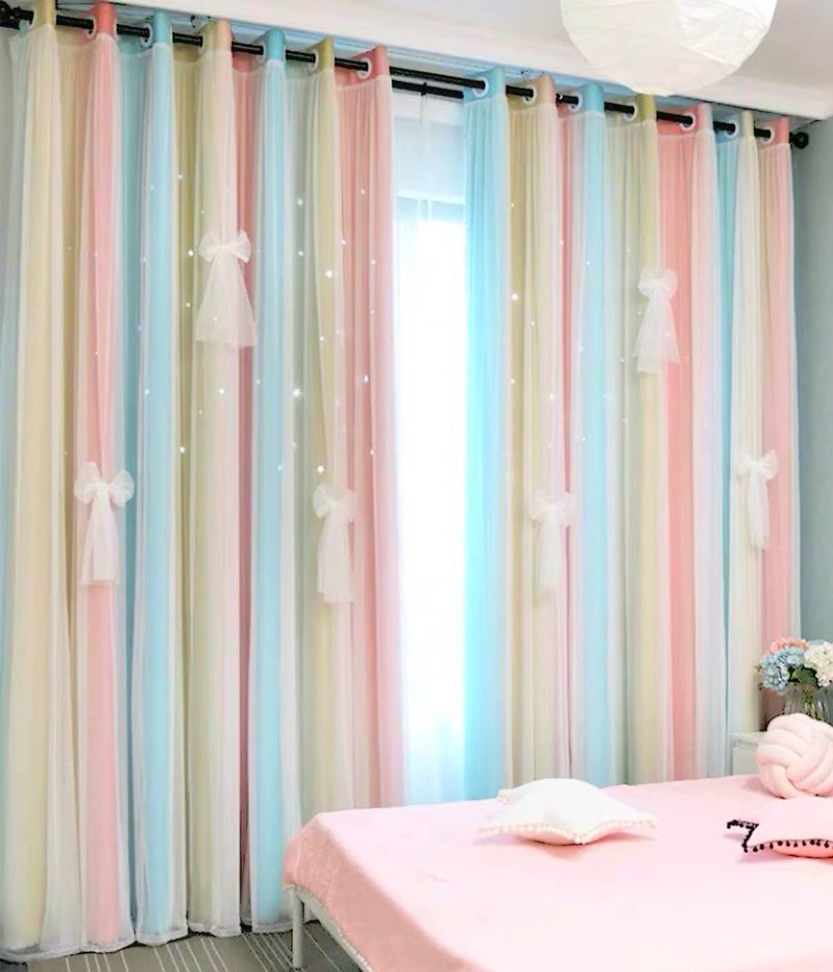 Yancorp Curtains For Girls Bedroom Kids Curtain Hollow-Out Star Window Drapes Curtain 84 Inches Length Room Darkening Grommet 2 Layers,1 Panel (Baby Pink Blue, W52 X L84)
