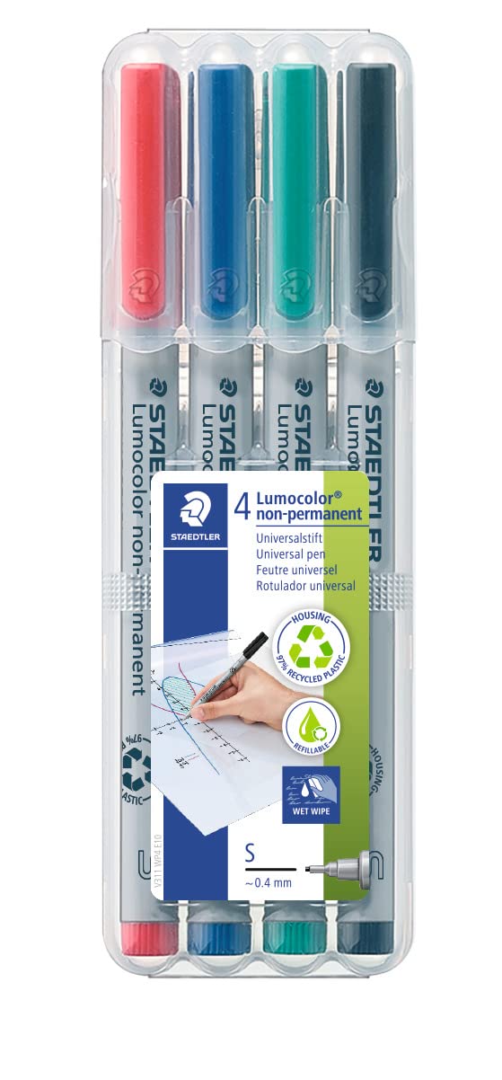 Staedtler 311 Wp4 Lumocolor Non-Permanent Pen, Assorted Colors, 4 Count (Pack Of 1),Black