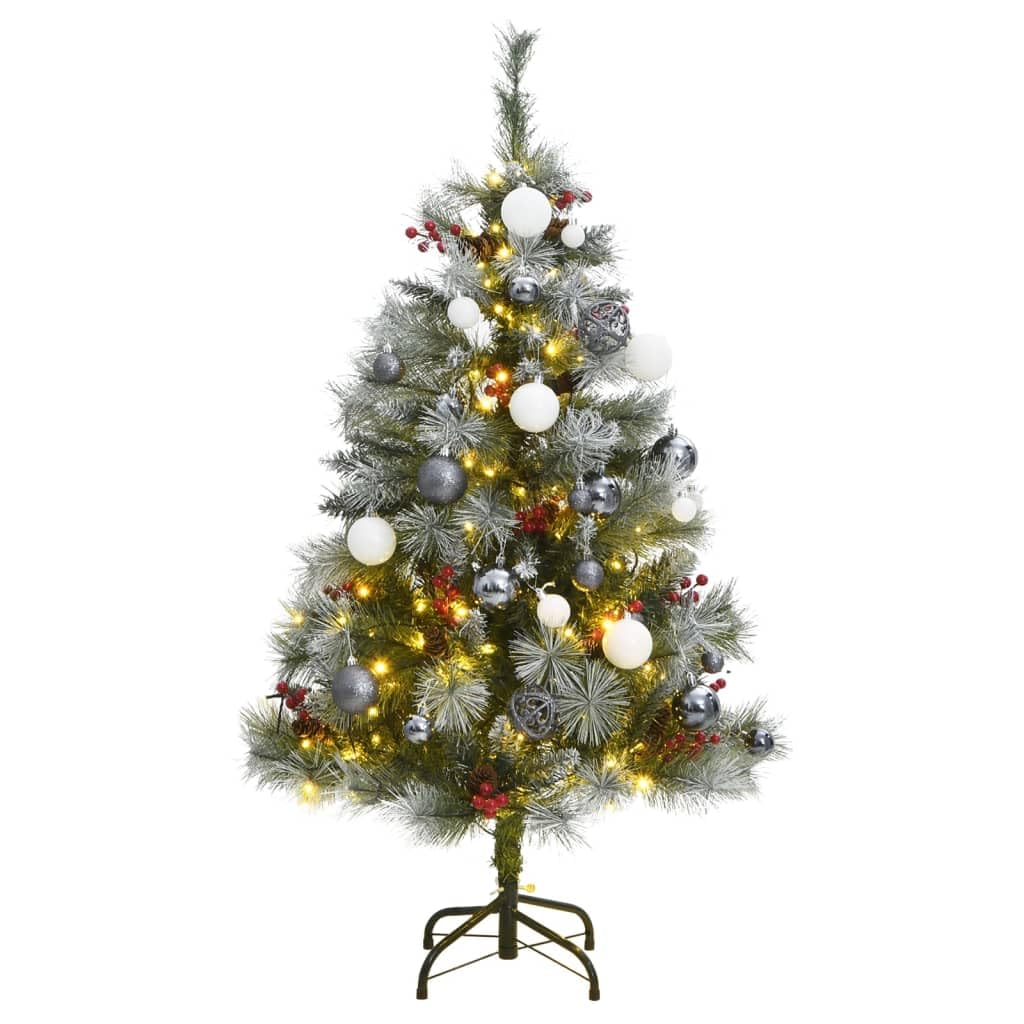 Vidaxl Artificial Hinged Christmas Tree With 150 Leds And Ball Set, 47.2 Inch , Decorated With Cones And Berries, With A Sturdy Stand