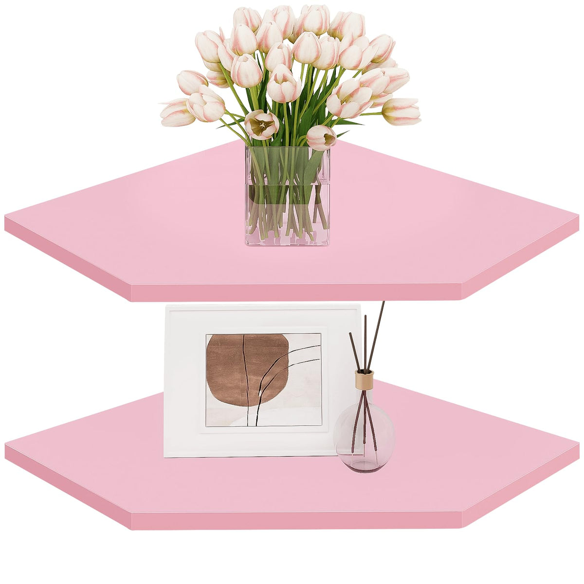 Homode Corner Floating Shelves, Corner Wall Shelf With Cord Hole, 2 Tier Wood Hanging Corner Shelf For Bathroom, Bedroom, Living Room, Pink