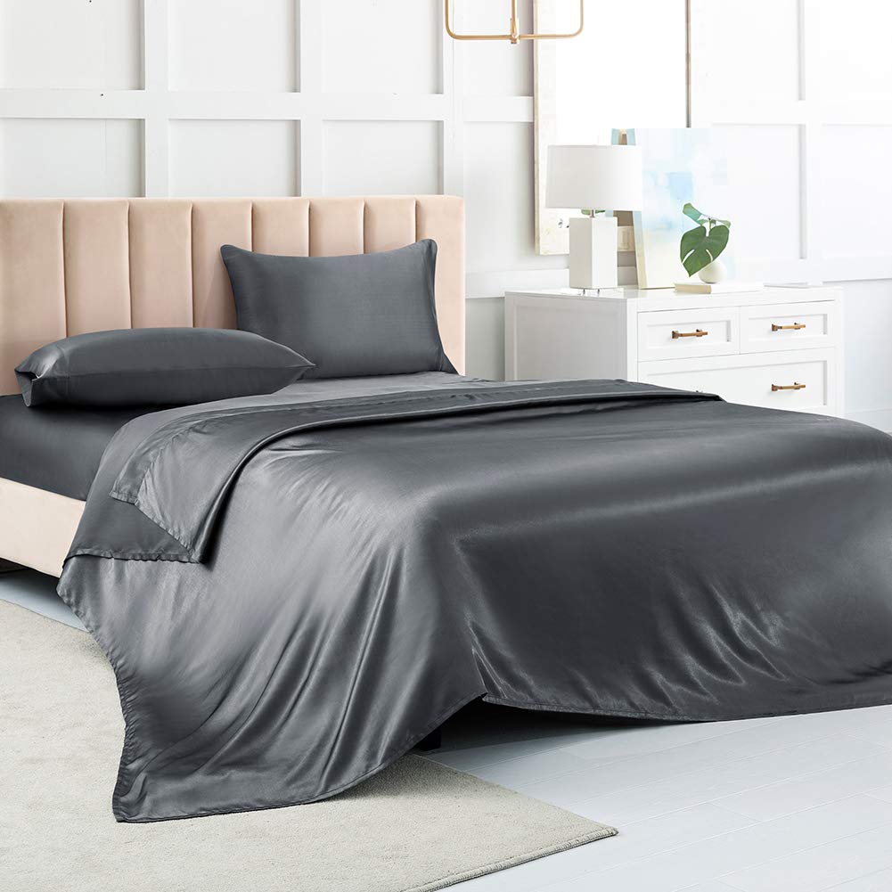 Satin Bed Sheets King Size Sheets, Grey Silk Sheets, 4 - Pieces Soft Bedding Set With 1 Deep Pocket Fitted Sheet,1 Flat Sheet,2