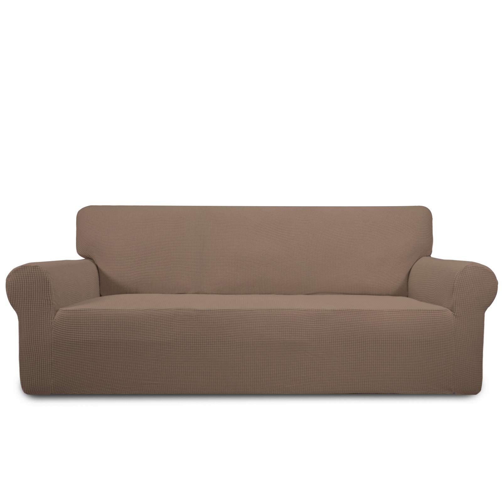 Purefit Stretch Sofa Slipcover – Spandex Jacquard Non Slip Soft Couch Sofa Cover, Washable Furniture Protector With Non Skid Foam And Elastic Bottom For Kids (Sofa, Camel)