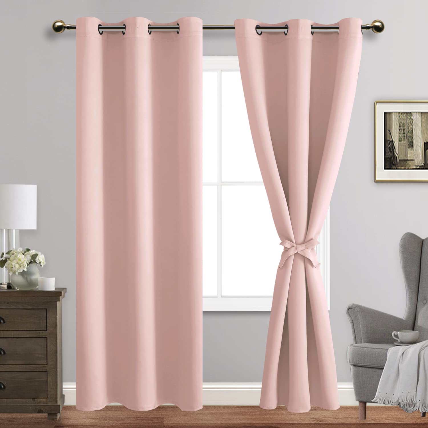 Jiuzhen Blackout Curtains With Tiebacks - Thermal Insulated, Light Blocking And Noise Reducing Grommet Curtain Drapes For Bedroom And Living Room, Set Of 2 Panels, 42 X 84 Inches Long, Blush Pink