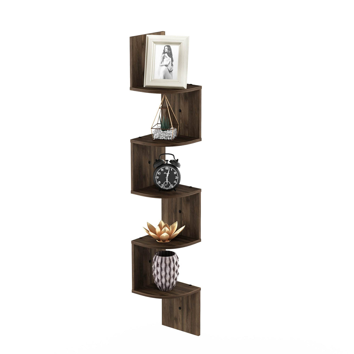 Furinno Rossi Wall Mount Floating Corner Shelf, 5Tier Radial, Columbia Walnut