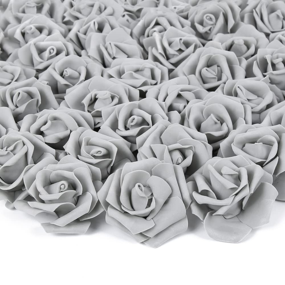 INSUNSIX Artificial Rose Flower Heads, 100pcs Gray Roses Artificial Flower Foam Rose for DIY Wedding Bouquets Centerpieces Arrangements Party Baby Shower Home Decor (Stemless,Gray)