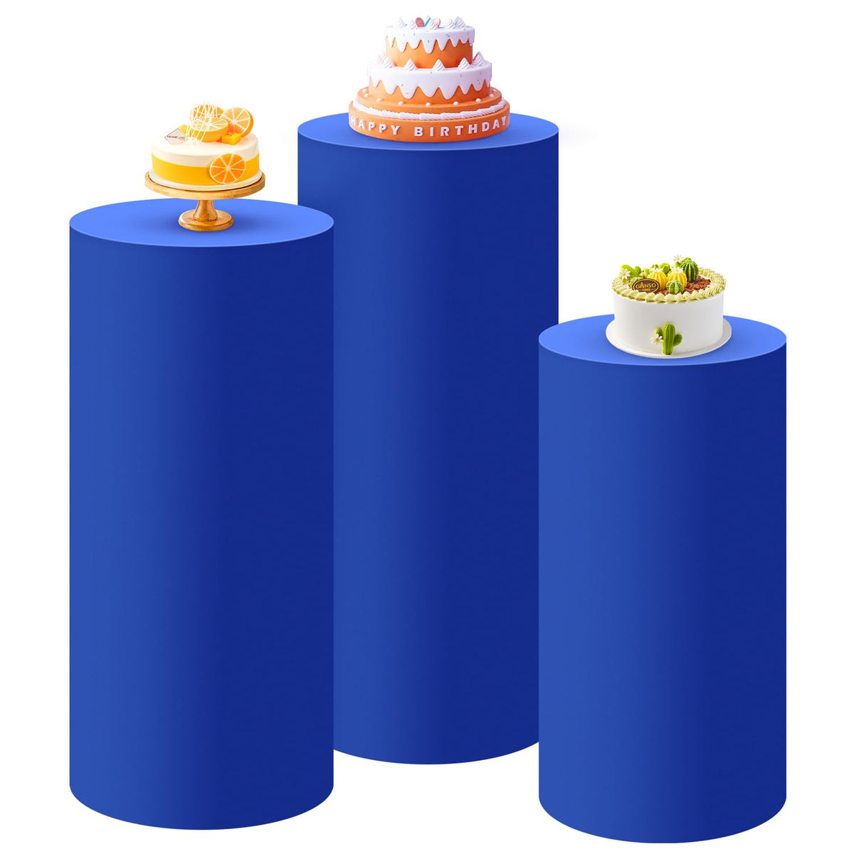 SaitiMade Set of 3 - Royal Blue Cylinder Pedestal Stand Covers, Flexible Cylinder Stand Covers for Party, Wedding or Birthday Ev
