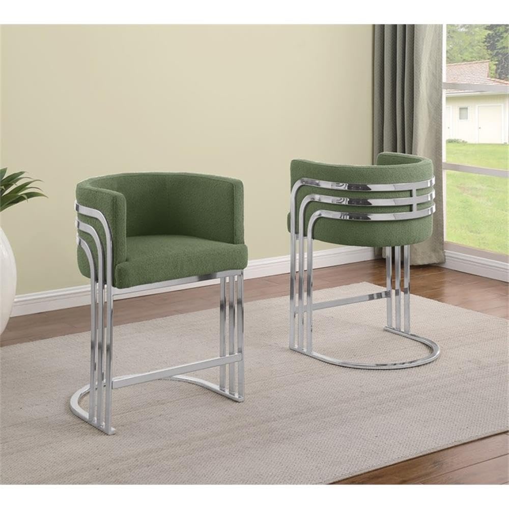 Best Quality Furniture Modern Teddy Fabric Counter Height Stools with Chrome Legs - Green - Elegant Barrel Design with Silver Frame - Set of 2 - Perfect for Dining Room, Bar, Office, or Living Room