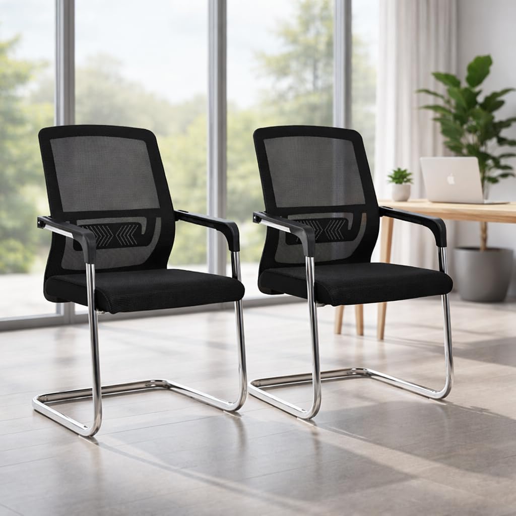 Toby Set Of 2 Ergonomic Visitor Chairs With Lumbar Support, Breathable Mesh Back, Cushioned Seat, Fixed Armrests & Metal Sled Ba