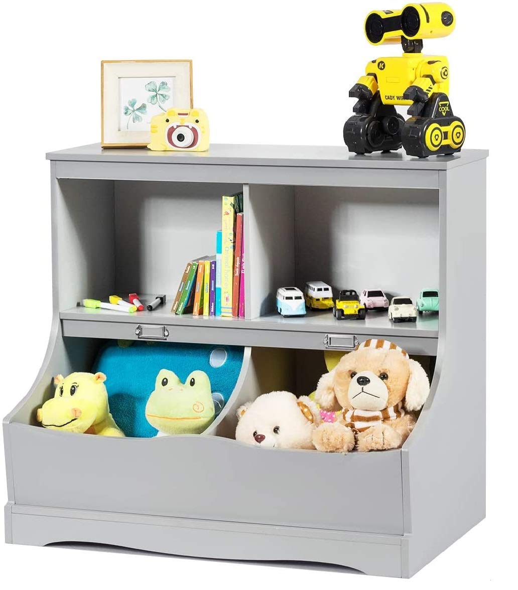 Costzon Toy Storage Organizer, 4-Cubby Kids Bookshelf With Footboard And Name Card, Wooden Children'S Bookcase, Montessori Toy Shelf For Playroom, Bedroom, Daycare, Classroom (Gray)