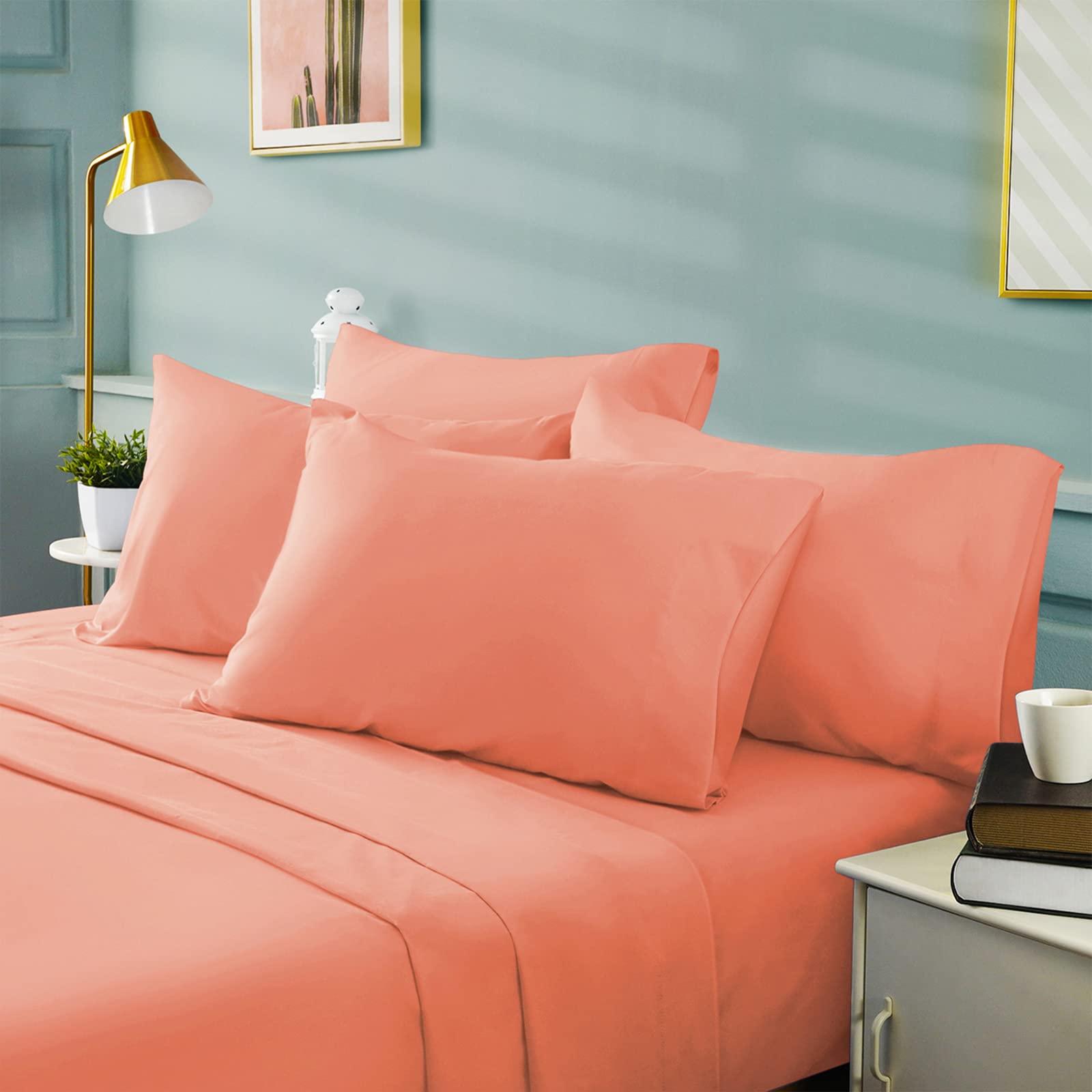 Bysure 6 Pieces Bed Sheets Set(Queen, Coral) - Super Soft 1800 Thread Count 100% Microfiber Sheets With Deep Pockets, Wrinkle &