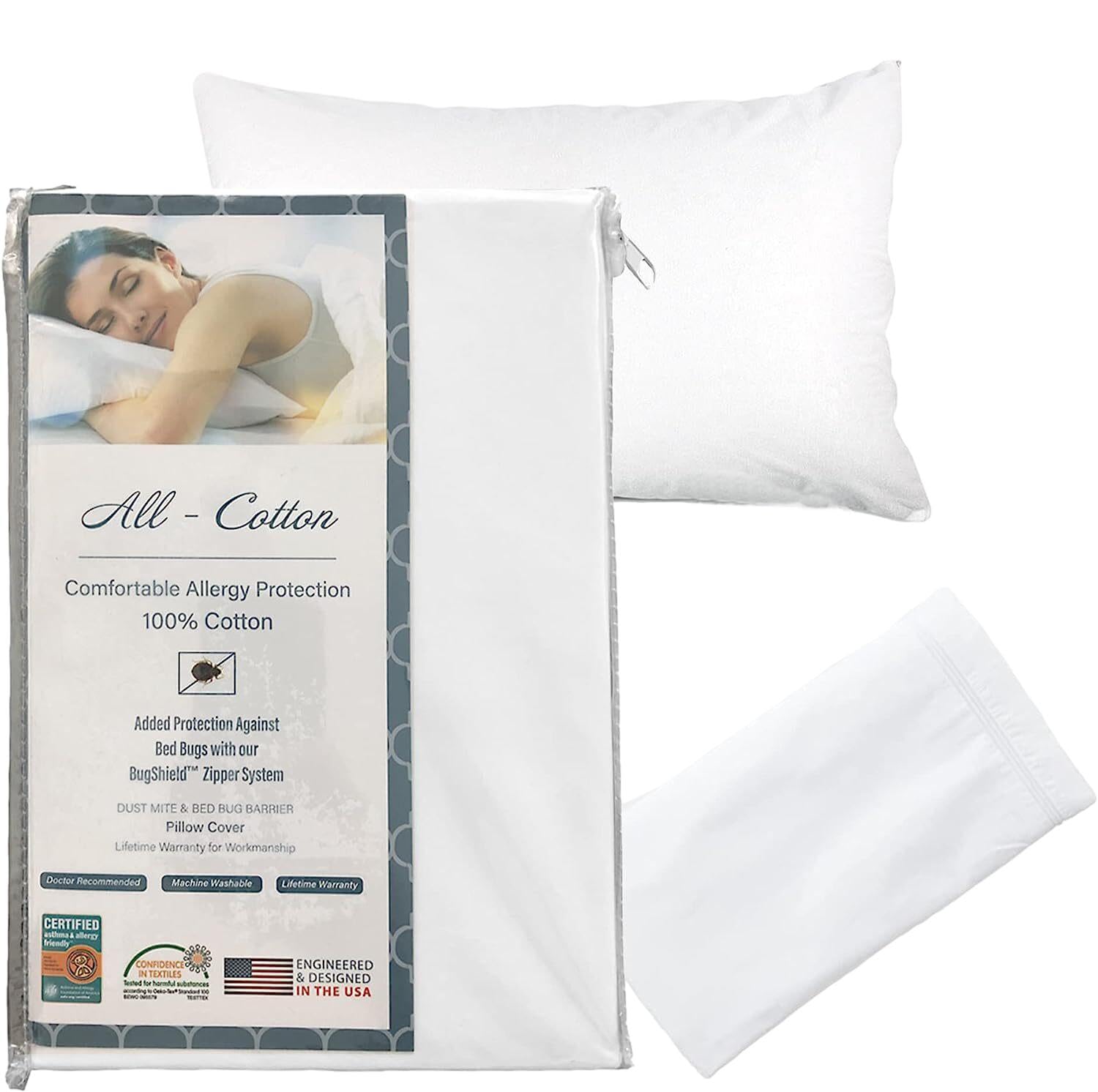 National Allergy Premium 100% Cotton Zippered Pillow Protector - Standard Size - White - 2 Pack - 300 Thread Count - Hypoallerge