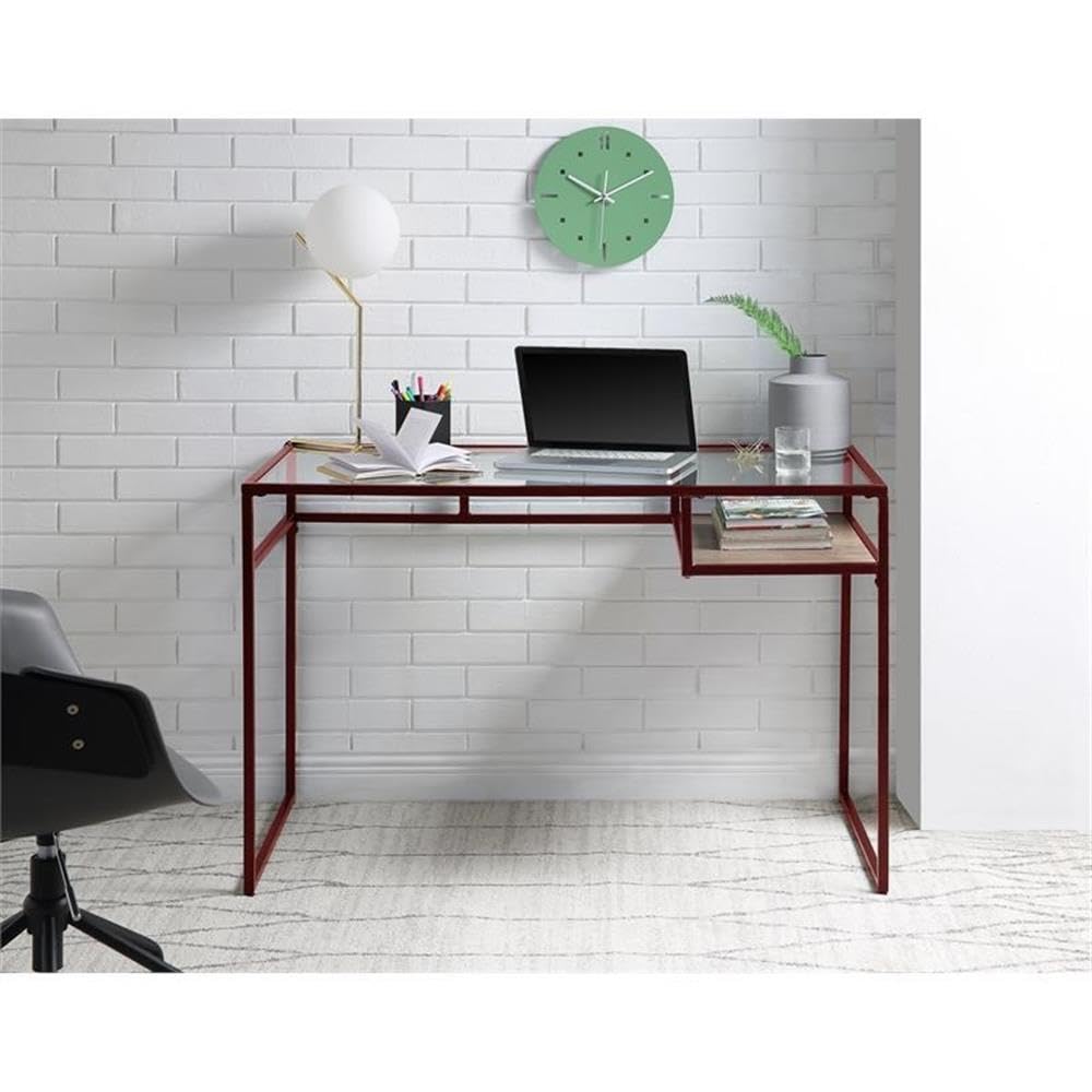 Acme Yasin Glass Rectangle Top 1-Shelf Writing Desk in Red and Clear