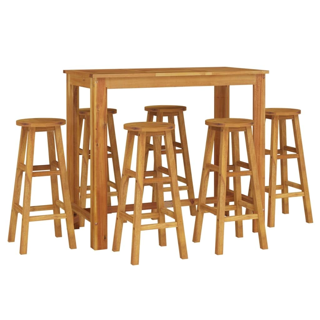 vidaXL Patio Dining Set 7 Piece, Outdoor Hightop Table and Chairs, Counter Height Desk, Pub Table Set for Porch Backyard, Farmhouse, Solid Acacia Wood Brown